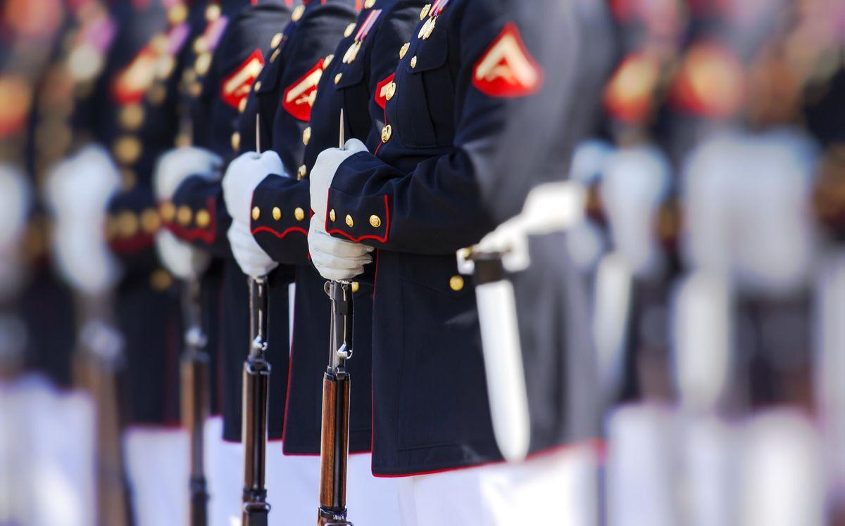 Marines in dress blues formation